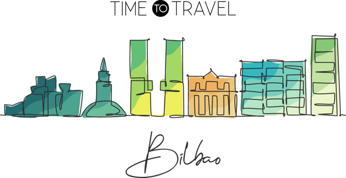 One continuous line drawing of Bilbao city skyline, Spain. Beautiful skyscraper postcard. World landscape tourism travel wall decor poster concept. Stylish single line draw design vector illustration png