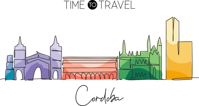 Single continuous line drawing of Cordoba city skyline, Spain. Famous skyscraper and landscape postcard. World travel wall decor poster print concept. Modern one line draw design vector illustration png