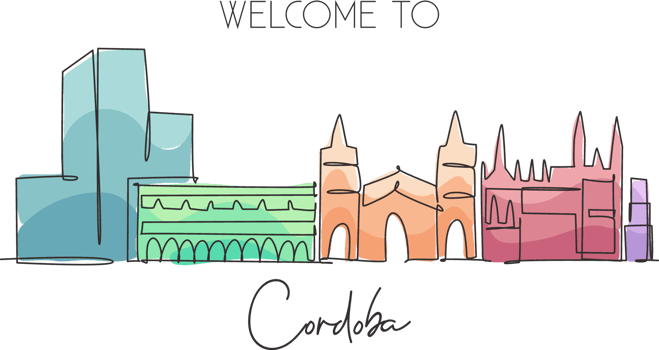 One single line drawing of Cordoba city skyline, Spain. Historical skyscraper landscape in world postcard. Best holiday destination wall decor poster. Continuous line draw design vector illustration png