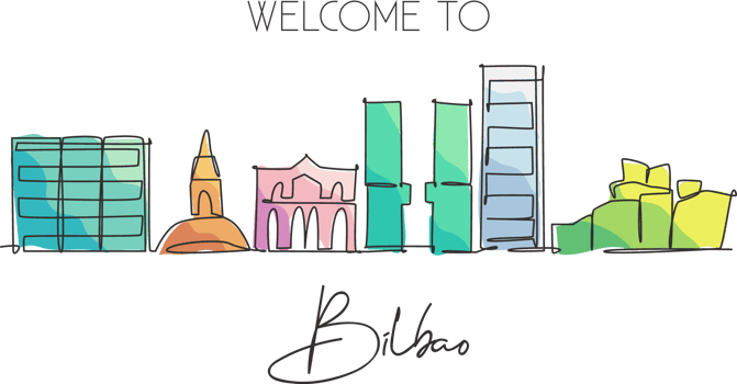 Single continuous line drawing of Bilbao city skyline, France. Famous skyscraper landscape postcard. World travel home wall decor poster print concept. Modern one line draw design vector illustration png