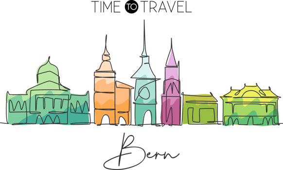 One single line drawing of Bern city skyline, Switzerland. Historical skyscraper landscape in world. Best holiday destination wall decor poster. Trendy continuous line draw design vector illustration png