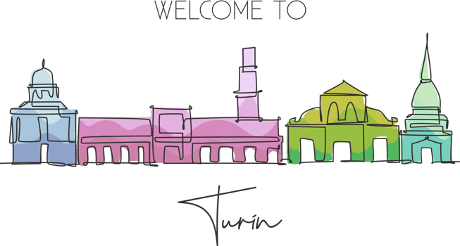 One continuous line drawing of Turin city skyline, Italy. Beautiful skyscraper. World landscape tourism travel vacation concept wall decor poster. Stylish single line draw design vector illustration png