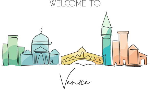 Single continuous line drawing of Venice city skyline, Italy. Famous skyscraper landscape postcard. World travel home wall decor poster print concept. Modern one line draw design vector illustration png