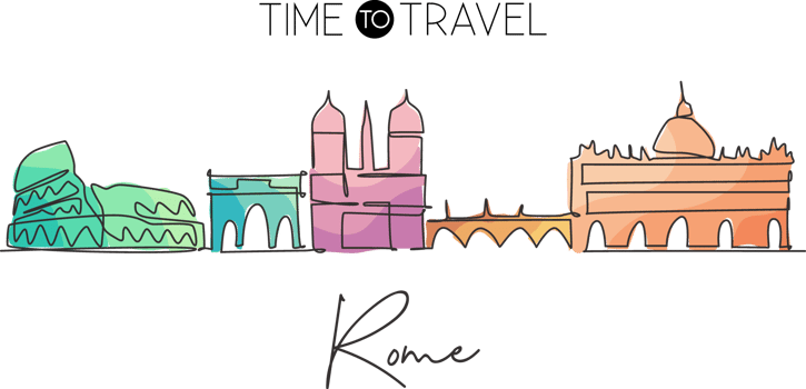 One continuous line drawing of Rome city skyline, Italy. Beautiful Roma skyscraper. World landscape tourism travel vacation wall decor poster print. Stylish single line draw design vector illustration png