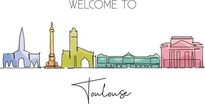 One continuous line drawing of Toulouse city skyline, France. Beautiful skyscraper postcard. World landscape tourism travel vacation wall decor poster art. Single line draw design vector illustration png