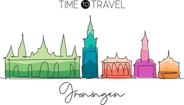 Single continuous line drawing of Groningen city skyline, Netherlands. Famous skyscraper and landscape postcard. World travel concept wall decor poster. Modern one line draw design vector illustration png