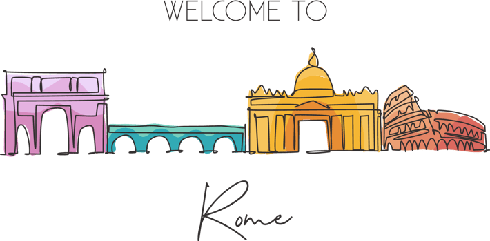 Single continuous line drawing of Rome city skyline, Italy. Famous Roma skyscraper landscape. World travel home wall decor poster print art concept. Modern one line draw design vector illustration png