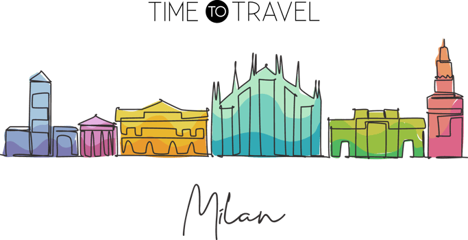 One continuous line drawing of Milan city skyline, Italy. Beautiful skyscraper. World landscape tourism travel vacation wall decor poster concept. Stylish single line draw design vector illustration png
