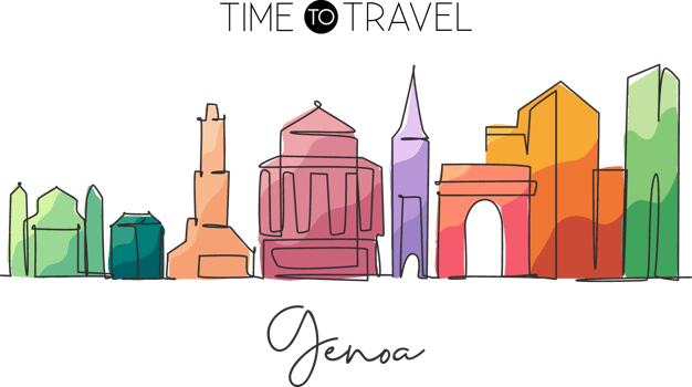 One single line drawing of Genoa city skyline, Italy. Historical skyscraper landscape in world. Best holiday destination wall decor poster print. Trendy continuous line draw design vector illustration png