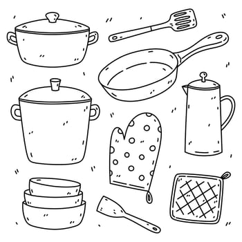 Set of kitchen utensils - cooking pots, frying pan, spatulas, plates, oven mitts and other. Vector hand-drawn doodle illustration isolated on white background. Perfect for logo, various designs.