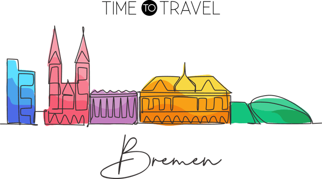 One single line drawing Bremen city skyline, Germany. Historical skyscraper landscape in world. Best holiday home wall decor destination poster. Trendy continuous line draw design vector illustration png