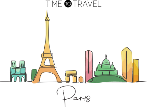 One continuous line drawing Paris city skyline, France. Beautiful skyscraper. World landscape tourism travel vacation wall decor poster art concept. Stylish single line draw design vector illustration png