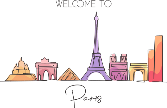 Single continuous line drawing of Paris city skyline, France. Famous skyscraper landscape in world. World travel wall decor poster print art concept. Modern one line draw design vector illustration png