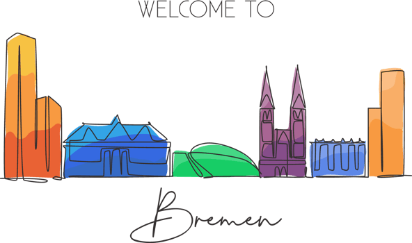 One continuous line drawing Bremen city skyline, Germany. Beautiful skyscraper. World landscape tourism travel vacation wall decor poster concept. Stylish single line draw design vector illustration png