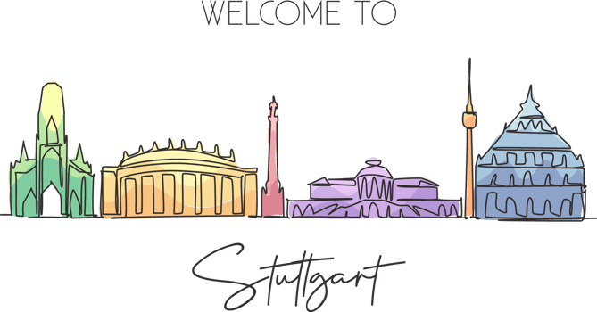 Single continuous line drawing of Suttgart city skyline, Germany. Famous skyscraper landscape. World travel home art wall decor poster print concept. Modern one line draw design vector illustration png