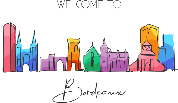 One single line drawing of Bordeaux city skyline, France. Historical skyscraper landscape in world. Best holiday home wall decor poster art destination. Continuous line draw design vector illustration png