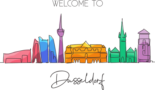One single line drawing of Dusseldorf city skyline, Germany. Historical skyscraper landscape in world. Best holiday wall decor art destination. Trendy continuous line draw design vector illustration png