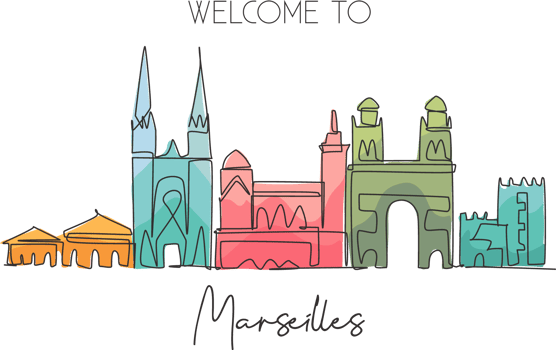 One single line drawing Marseilles city skyline, France. Historical skyscraper landscape in world. Best holiday destination wall decor poster. Trendy continuous line draw design vector illustration png