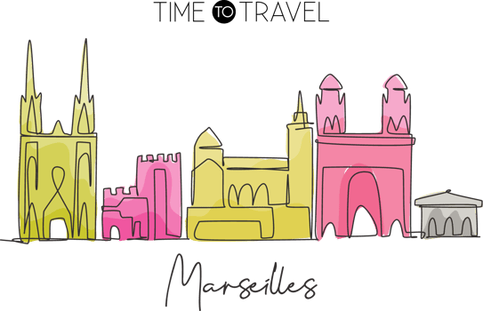 Single continuous line drawing of Marseilles city skyline, France. Famous city skyscraper landscape. World travel wall decor poster print art concept. Modern one line draw design vector illustration png