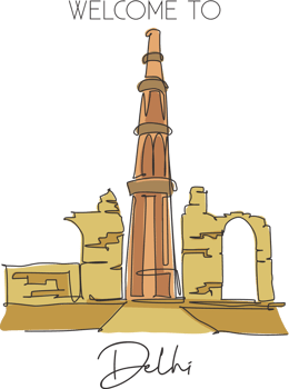 One continuous line drawing Qutub Minar mosque landmark. Holy islamic place in Delhi, India. Holiday vacation home wall decor poster print concept. Modern single line draw design vector illustration png