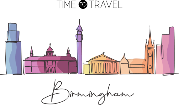 Single continuous line drawing of Birmingham city skyline. Famous city skyscraper and landscape. World travel home wall decor art poster print concept. Modern one line draw design vector illustration png