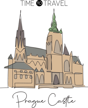 One single line drawing Prague Castle landmark. World famous iconic building in Czech Republic. Tourism travel postcard home wall decor poster concept. Continuous line draw design vector illustration png