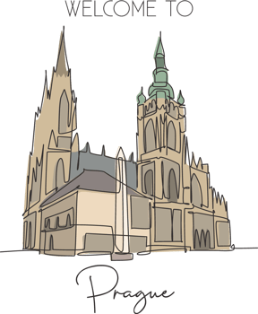Single continuous line drawing Prague Castle landmark. Ancient castle in the world at Czech Republic. World travel home wall decor poster print concept. Simple one line draw design vector illustration png