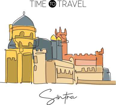 One continuous line drawing Pena Palace landmark. Historical Palacio da Pena in Sintra, Portugal. Holiday vacation wall decor poster print concept. Modern single line draw design vector illustration png