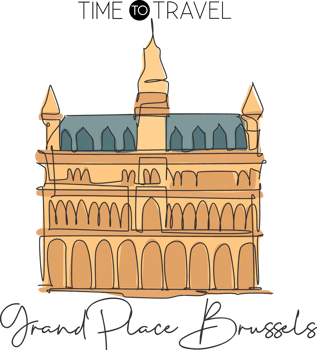 One single line drawing Grand Place Brussels landmark. Famous iconic in Belgium. Tourism travel postcard home wall decor poster print concept. Trendy continuous line draw design vector illustration png