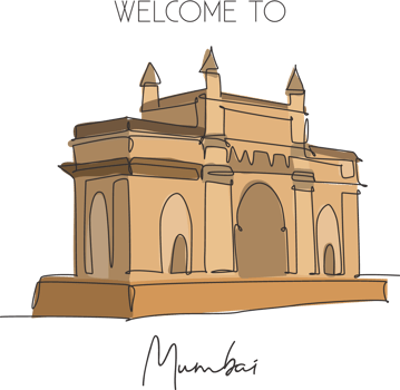One continuous line drawing Gateway of India landmark. Symbolic monument in Mumbai India. Holiday tour travel wall decor poster print art concept. Modern single line draw design vector illustration png