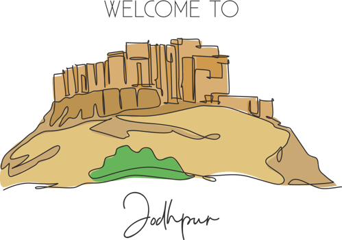 Single continuous line drawing Mehrangarh Fort landmark. Most beautiful place in Jodhpur, India. World travel home decor wall art poster print concept. Modern one line draw design vector illustration png