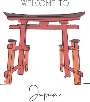 One continuous line drawing Torii Gate landmark greeting. World iconic element in Japanese culture. Holiday vacation wall decor poster print concept. Modern single line draw design vector illustration png