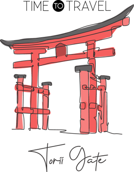 One single line drawing Torii Gate landmark. World famous iconic marks in Japan culture. Tourism travel postcard wall decor poster print concept. Modern continuous line draw design vector illustration png