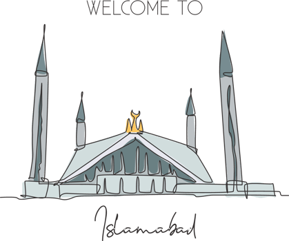 Single continuous line drawing Shah Faisal Mosque landmark. Beautiful famous place in Islambad, Pakistan. World travel home wall decor poster concept. Dynamic one line draw design vector illustration png