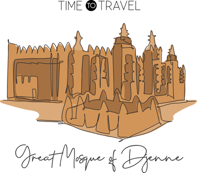 Single continuous line drawing Great Mosque of Djenne landmark. Beautiful place in Mali, Africa. World tour travel home wall decor poster art concept. Dynamic one line draw design vector illustration png