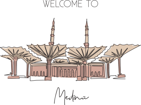 One single line drawing Masjid Al Nabawi landmark. Famous holy iconic in Medina Saudi Arab. Hajj umrah travel wall decor poster print concept. Modern continuous line draw design vector illustration png
