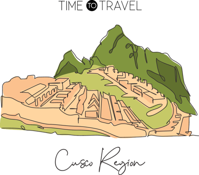 One continuous line drawing Machu Picchu landmark. World iconic place in Eastern Cordillera, Peru. Holiday vacation home wall decor poster concept. Modern single line draw design vector illustration png