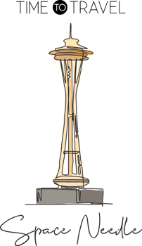 One continuous line drawing Space Needle landmark. World iconic place in Seattle, Washington DC, USA. Holiday vacation wall decor poster print. Vector illustration png