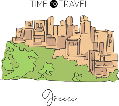 Single continuous line drawing old Areopoli Greek Village landmark. Beauty famous place in Laconia Greece. World travel wall decor poster print concept. Modern one line draw design vector illustration png