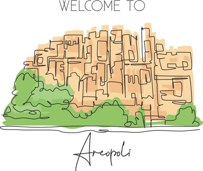 One single line drawing old Areopoli Greek village landmark. World famous place in Greece. Tourism travel postcard wall decor poster art concept. Modern continuous line draw design vector illustration png