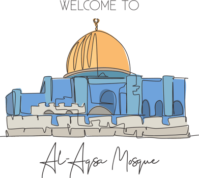 Single continuous line drawing Al Aqsa mosque landmark. Holy masjid place in Jerusalem. World travel campaign home art wall decor poster print concept. Dynamic one line draw design vector illustration png