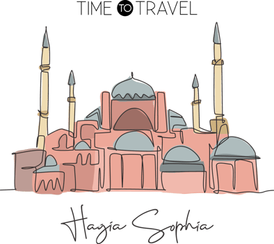 One continuous line drawing Hagia Sophia mosque. World beauty iconic landmark in Istanbul Turkey. Wall decor home art poster print concept. Modern single line draw design vector graphic illustration png