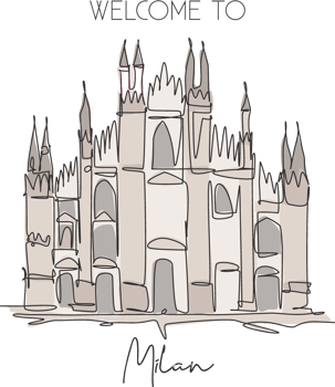One single line drawing Duomo di Milano landmark. World famous place in Milan, Italy. Tourism travel postcard home wall decor poster concept. Modern continuous line draw design vector illustrationa png