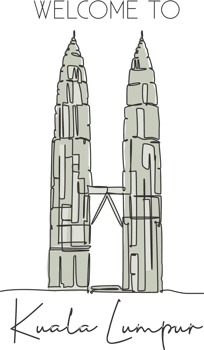 One continuous line drawing Twin Tower landmark. World iconic place in Kuala Lumpur, Malaysia. Holiday vacation wall decor poster print concept. Illustration png