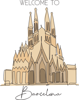 One single line drawing of welcome to Basilica de la Sagrada Familia landmark. World famous place in Barcelona, Spain. Tourism travel postcard. Vector illustration png
