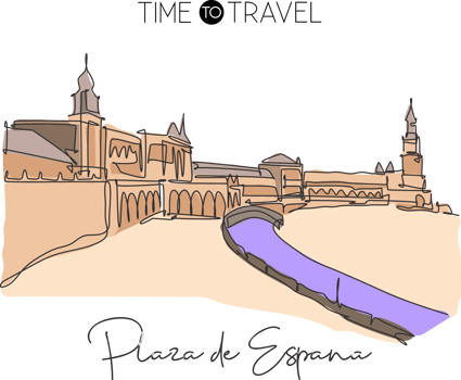 Single continuous line drawing Plaza de Espana landmark. Beautiful famous place in Sevilla, Spain. World travel tour home wall decor poster art concept. Modern one line draw design vector illustration png