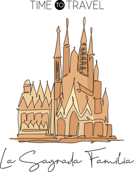 Single continuous line drawing of Basilica de la Sagrada Familia landmark. Beautiful famous place in Barcelona, Spain. World travel tour. Vector graphic illustration png