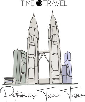 One single line drawing Petronas Twin Tower landmark. World famous place in Kuala Lumpur, Malaysia. Tourism travel wall decor poster concept. Vector illustration png