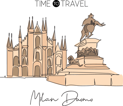 Single continuous line drawing Duomo di Milano landmark. Beautiful famous place in Milan, Italy. World travel tour home wall decor art poster concept. Modern one line draw design vector illustration png