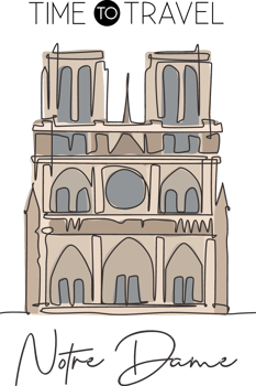 One continuous line drawing Notre Dame landmark. World iconic place in Paris, France. Holiday vacation home wall decor art poster print concept. Modern single line draw design vector illustration png